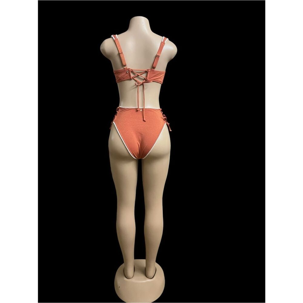 Victoria Secret Rust Orange High-Waist Lace-Up Bikini Set 38 B Top/Medium Bottom - Picture 6 of 7